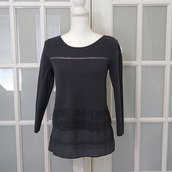 LOFT Gray Laser Cut Layered 3/4 Sleeve Cotton Sweater - Picture 1 of 11